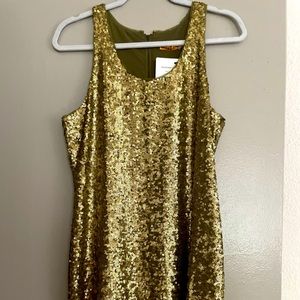 Alice + Olivia Silk Mini Sheath Dress, Gold sequin embellishments.